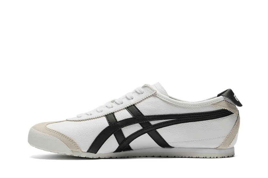 Vista lateral do Onitsuka Tiger Onitsuka Tiger Mexico 66 White Black mostrando design do cabedal e logo da marca