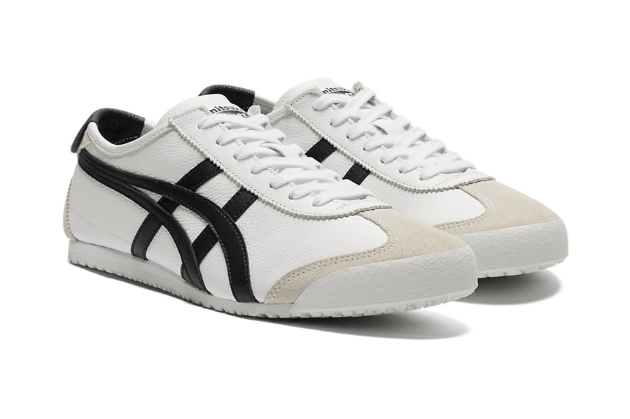 Vista traseira do Onitsuka Tiger Onitsuka Tiger Mexico 66 White Black mostrando calcanheira e detalhes do solado