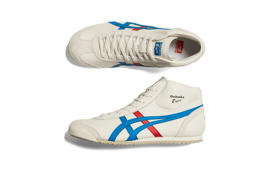 Vista na caixa do Onitsuka Tiger Onitsuka Tiger Mexico Mid Runner Cream/Directoire Blue mostrando embalagem original da marca