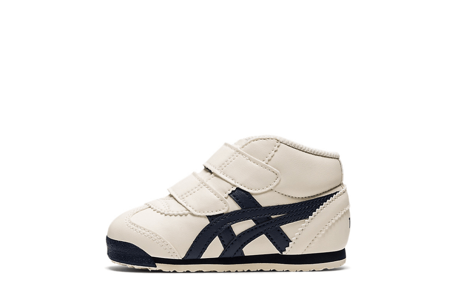 Vista lateral do Onitsuka Tiger Onitsuka Tiger Mexico Mid Runner Kids Birch/India INK mostrando design do cabedal e logo da marca