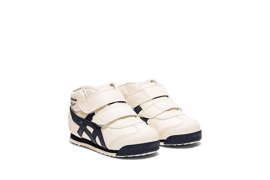 Vista traseira do Onitsuka Tiger Onitsuka Tiger Mexico Mid Runner Kids Birch/India INK mostrando calcanheira e detalhes do solado