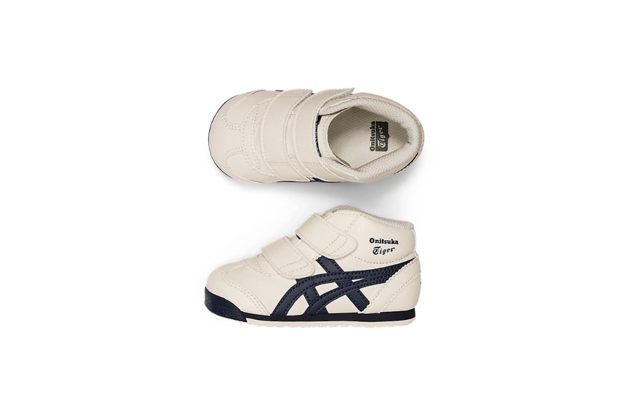 Vista do solado do Onitsuka Tiger Onitsuka Tiger Mexico Mid Runner Kids Birch/India INK mostrando padrão de tração e tecnologia de amortecimento