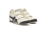 Vista frontal do Onitsuka Tiger Onitsuka Tiger Mexico Mid Runner Kids Birch/India INK mostrando biqueira e costuras