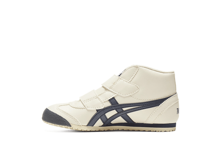 Vista lateral do Onitsuka Tiger Onitsuka Tiger Mexico Mid Runner Kids Birch/India INK mostrando design do cabedal e logo da marca
