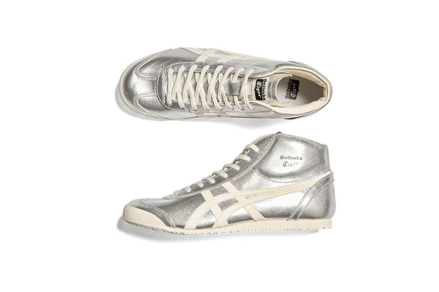 Vista na caixa do Onitsuka Tiger Onitsuka Tiger Mexico Mid Runner Silver/Cream Prateado mostrando embalagem original da marca