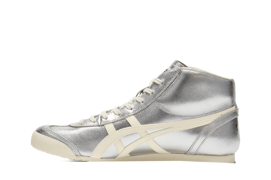 Vista lateral do Onitsuka Tiger Onitsuka Tiger Mexico Mid Runner Silver/Cream Prateado mostrando design do cabedal e logo da marca