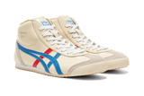Vista lateral do Onitsuka Tiger Onitsuka Tiger Mexico Mid Runner White/Blue mostrando design do cabedal e logo da marca