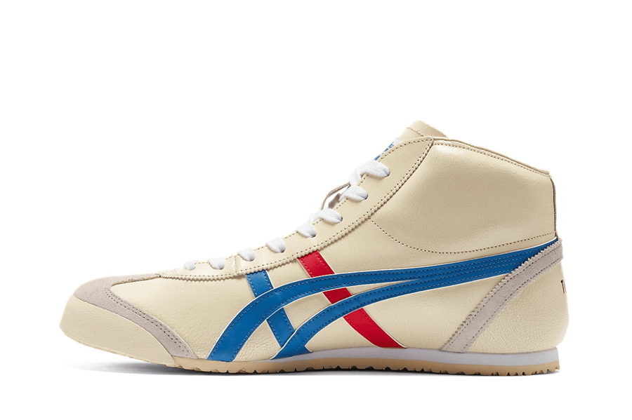 Vista traseira do Onitsuka Tiger Onitsuka Tiger Mexico Mid Runner White/Blue mostrando calcanheira e detalhes do solado