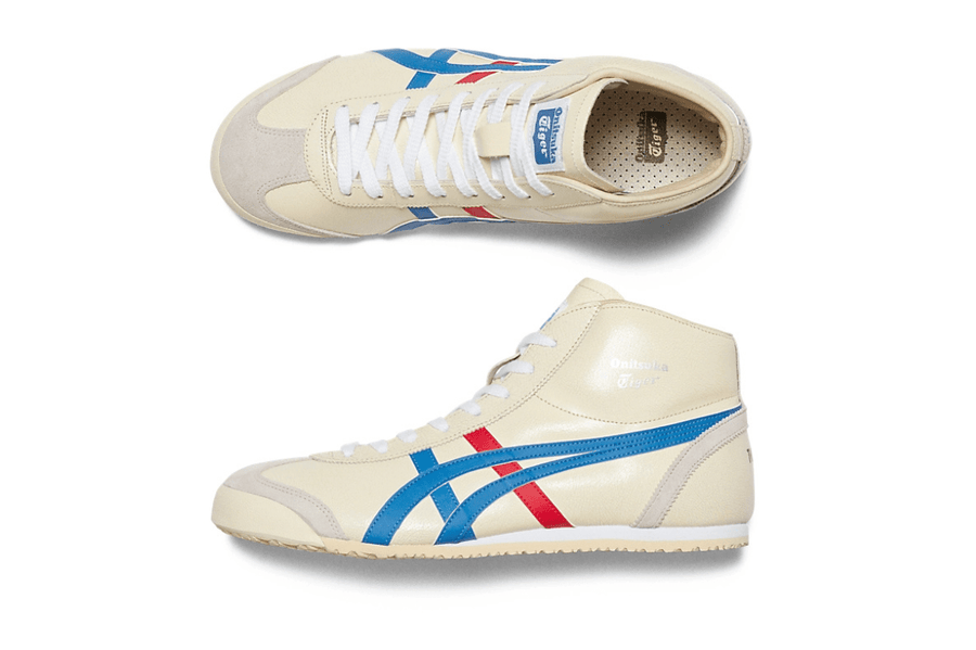 Vista em detalhe do Onitsuka Tiger Onitsuka Tiger Mexico Mid Runner White/Blue mostrando textura do material e acabamento