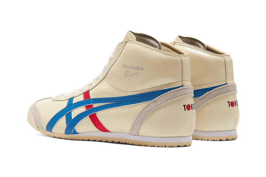 Vista superior do Onitsuka Tiger Onitsuka Tiger Mexico Mid Runner White/Blue mostrando abertura, lingueta e cadarços