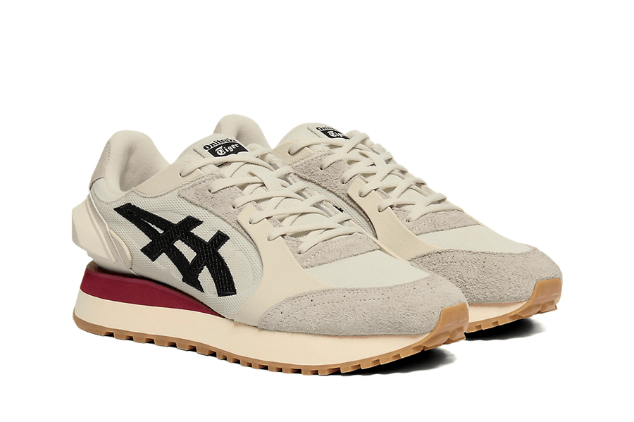 Vista traseira do Onitsuka Tiger Onitsuka Tiger Moage CO Birch Black mostrando calcanheira e detalhes do solado