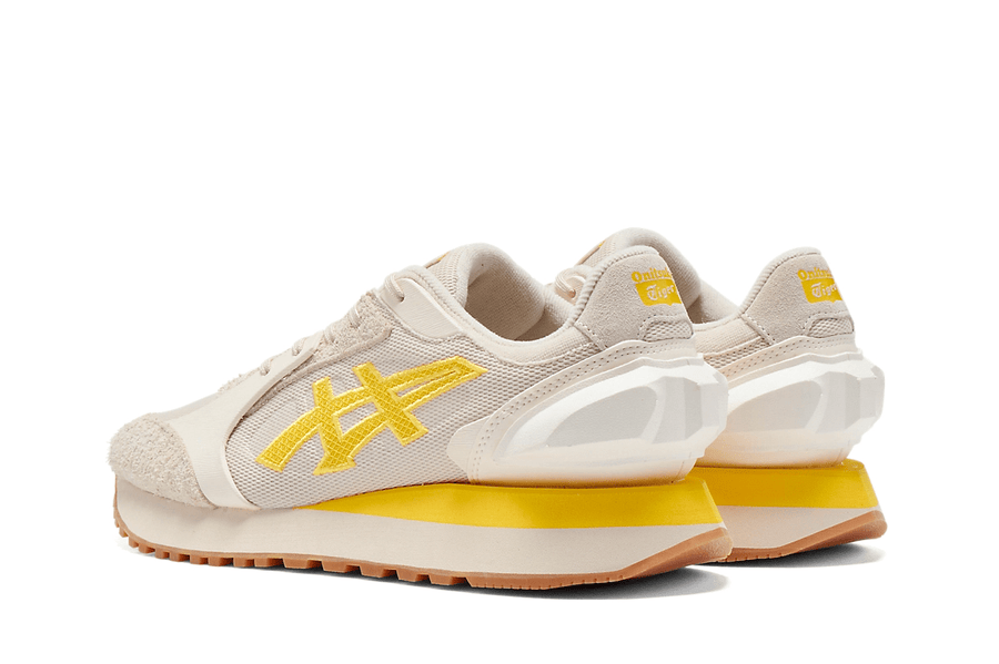 Vista superior do Onitsuka Tiger Onitsuka Tiger Moage Mineral Beige/Vibrant Yellow mostrando abertura, lingueta e cadarços