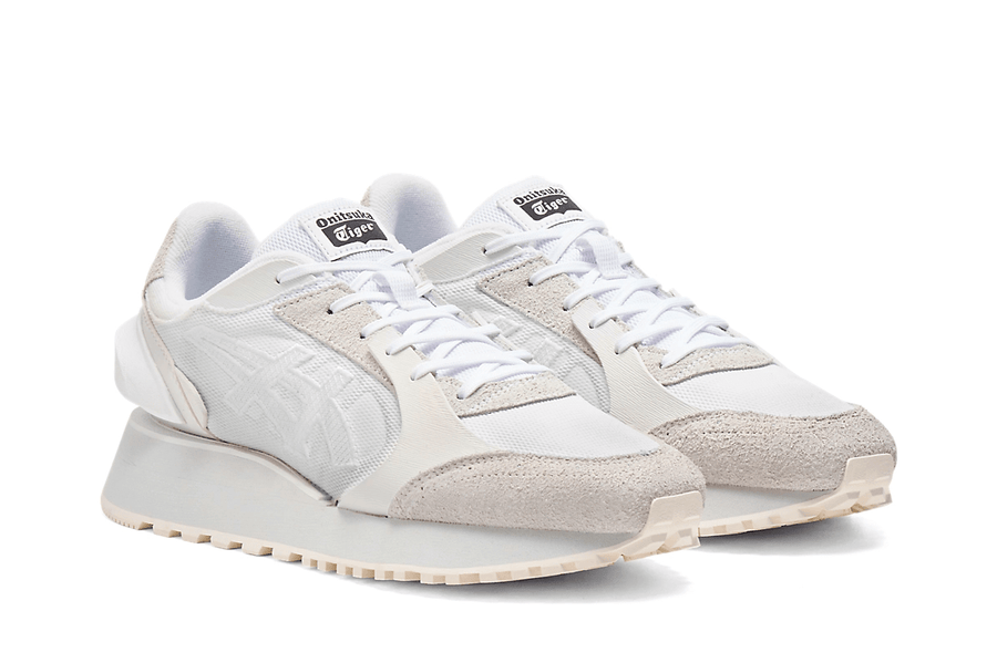 Vista traseira do Onitsuka Tiger Onitsuka Tiger Moage White/White mostrando calcanheira e detalhes do solado