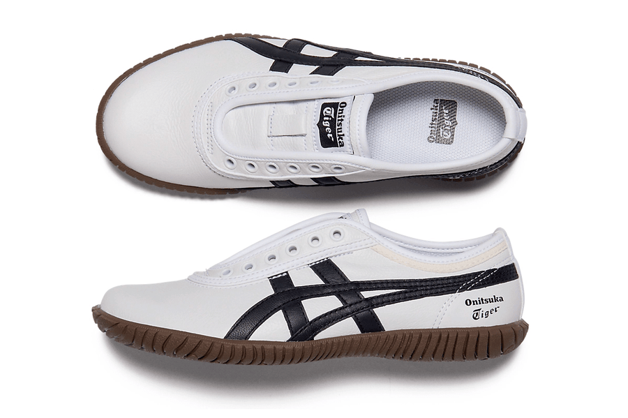 Vista na caixa do Onitsuka Tiger Onitsuka Tiger Tsunahiki Slip-On White/Black mostrando embalagem original da marca
