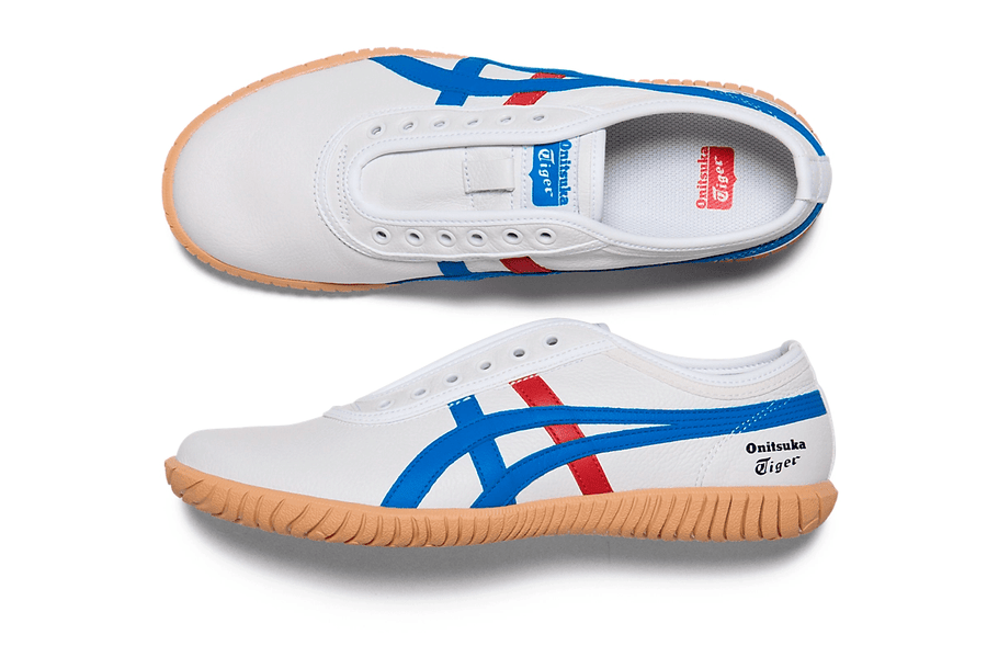 Vista na caixa do Onitsuka Tiger Onitsuka Tiger Tsunahiki Slip-On White/Directoire Blue mostrando embalagem original da marca