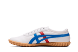 Vista traseira do Onitsuka Tiger Onitsuka Tiger Tsunahiki Slip-On White/Directoire Blue mostrando calcanheira e detalhes do solado