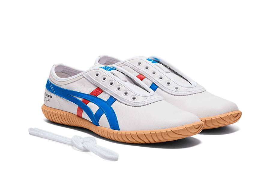 Vista na caixa do Onitsuka Tiger Onitsuka Tiger Tsunahiki Slip-On White/Directoire Blue mostrando embalagem original da marca