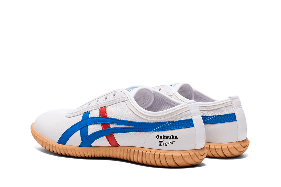 Vista superior do Onitsuka Tiger Onitsuka Tiger Tsunahiki Slip-On White/Directoire Blue mostrando abertura, lingueta e cadarços