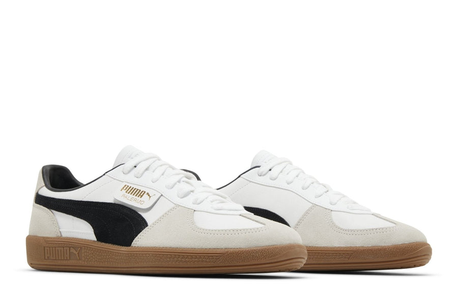 Vista frontal do Puma Puma Palermo Leather White Vapor Grey Gum mostrando biqueira e costuras