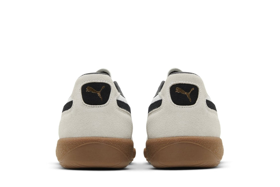 Vista superior do Puma Puma Palermo Leather White Vapor Grey Gum mostrando abertura, lingueta e cadarços