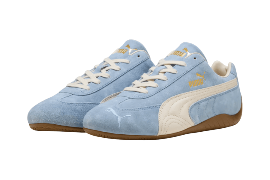 Vista traseira do Puma Puma Speedcat Faded Haute Tropic Alpine Snow mostrando calcanheira e detalhes do solado