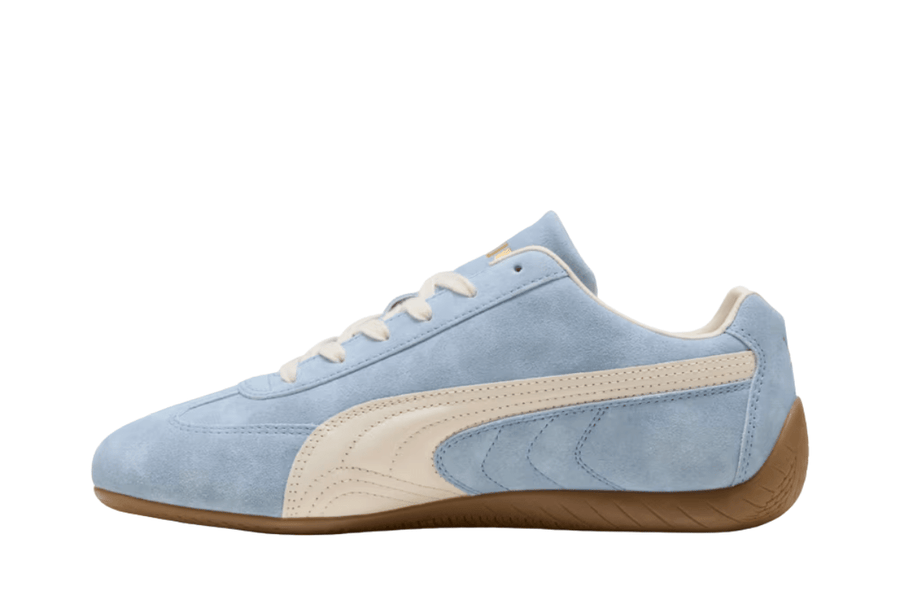 Vista lateral do Puma Puma Speedcat Faded Haute Tropic Alpine Snow mostrando design do cabedal e logo da marca