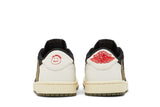 Vista frontal do Jordan Nike Travis Scott x Nike Air Jordan 1 Retro Low OG SP Olive mostrando biqueira e costuras