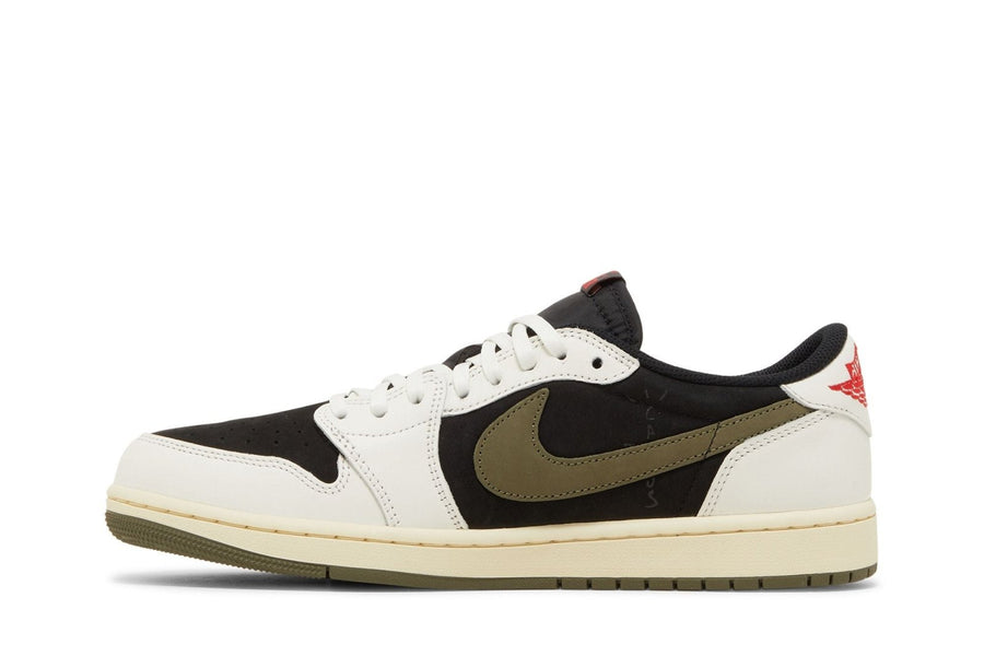 Vista lateral do Jordan Nike Travis Scott x Nike Air Jordan 1 Retro Low OG SP Olive mostrando design do cabedal e logo da marca