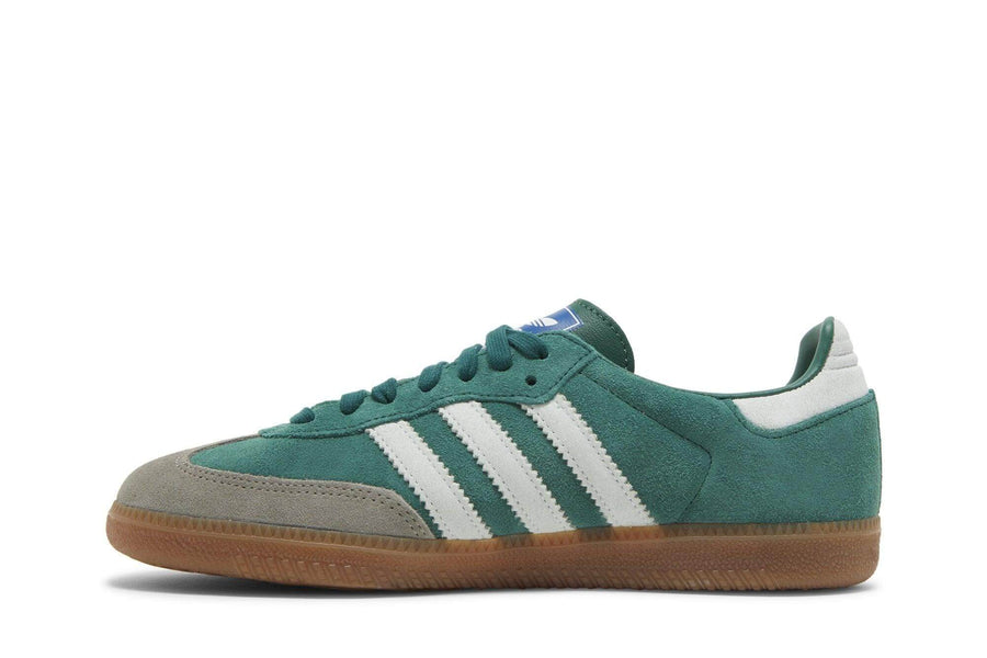 Vista lateral do Adidas Adidas Samba Collegiate Green mostrando design do cabedal e logo da marca