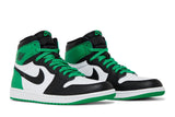 Vista frontal do Jordan Nike Air Jordan 1 High OG Lucky Green mostrando biqueira e costuras