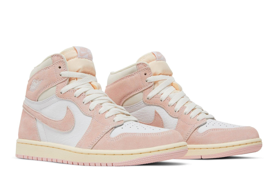 Vista frontal do Jordan Nike Air Jordan 1 High OG Washed Pink mostrando biqueira e costuras