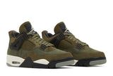 Vista frontal do Jordan Nike Air Jordan 4 Craft Medium Olive mostrando biqueira e costuras