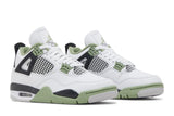 Vista frontal do Jordan Nike Air Jordan 4 Seafoam Branco/Verde mostrando biqueira e costuras
