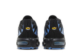 Vista superior do Nike Air Max Plus Black University Blue mostrando abertura, lingueta e cadarços