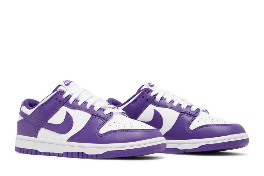 Vista frontal do Nike Nike Dunk Low Championship Court Purple mostrando biqueira e costuras