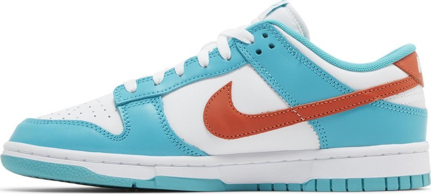 Vista traseira do Nike Nike Dunk Low "Miami Dolphins" mostrando calcanheira e detalhes do solado