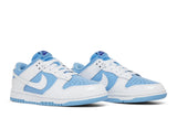 Vista frontal do Nike Nike Dunk Low Reverse University Blue mostrando biqueira e costuras