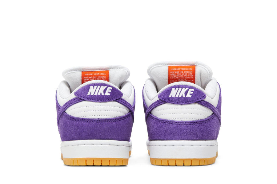 Vista superior do Nike Nike SB Dunk Low Pro ISO Orange Label Court Purple mostrando abertura, lingueta e cadarços
