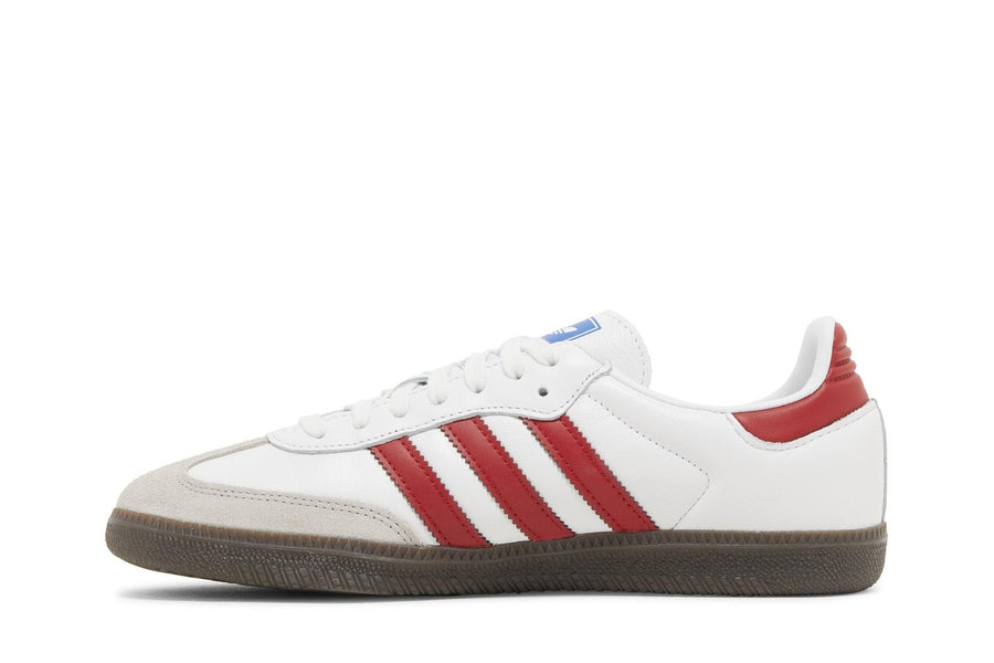 Vista lateral do Adidas Adidas Samba OG White Scarlet mostrando design do cabedal e logo da marca